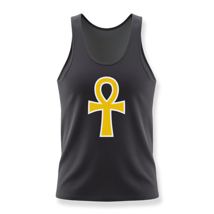 Gold Ankh symbol on a black tank top. Egyptian key of life graphic tee.