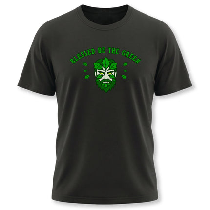 Green Man graphic tee with "Blessed Be The Green" text for nature and pagan style.