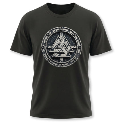 Black t-shirt featuring a detailed circular Norse Valknut symbol graphic.