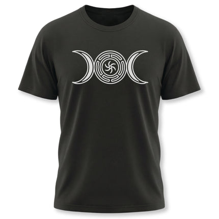 Hecate Triple Moon Goddess symbol graphic tee on a black shirt.