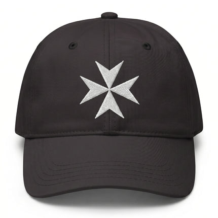 Black baseball cap with white embroidered Maltese Cross symbol.