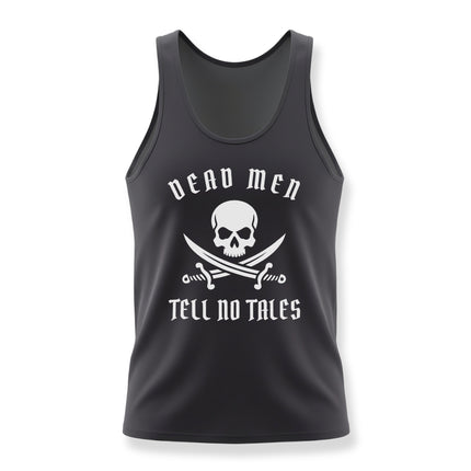 Dead Men Tell No Tales pirate skull graphic tank top featuring crossed swords.