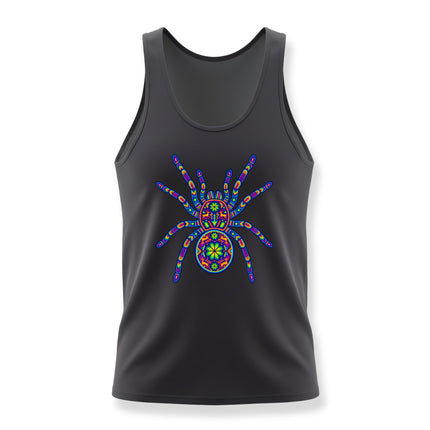 Colorful Huichol tarantula mandala print on a black unisex tank top.