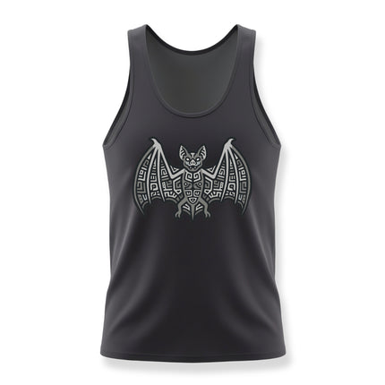 Aztec tribal bat graphic tank top featuring geometric Mayan symbolism.