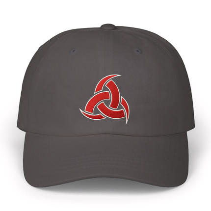 Red embroidered Norse Odin's horns knot design on a charcoal gray dad hat.