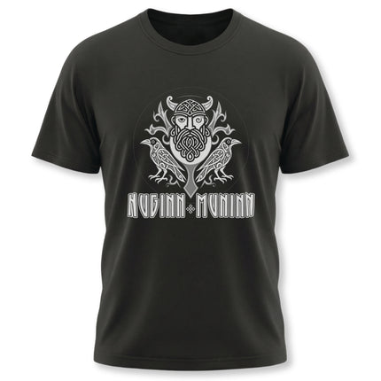 Norse Viking t-shirt graphic featuring Huginn and Muninn ravens.