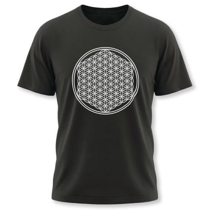 Minimalist Flower of Life sacred geometry design on a black graphic tee.