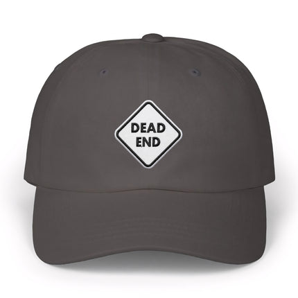 Gray baseball cap featuring embroidered "DEAD END" warning sign graphic.