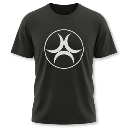 Minimalist black t-shirt featuring the sacred Triple Moon Goddess symbol.