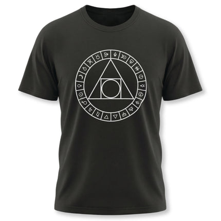 Black t-shirt featuring sacred geometry and alchemical symbols design.