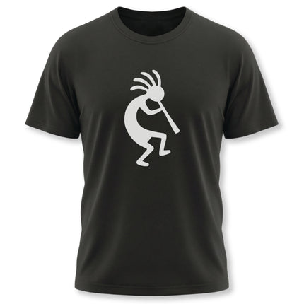 Kokopelli flute player silhouette graphic on a black t-shirt.