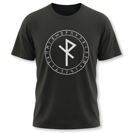 Norse Algiz rune and Elder Futhark runes graphic on a black protective Viking t-shirt.