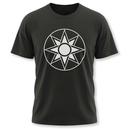 Star of Ishtar symbol graphic on black tee. Mesopotamian goddess Inanna octagram design.