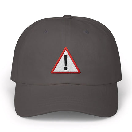 Dark gray baseball cap with embroidered red warning triangle symbol.