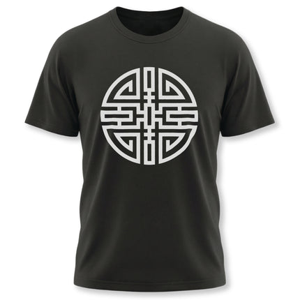 Black graphic tee featuring a white Chinese Cai symbol representing wealth and good fortune.