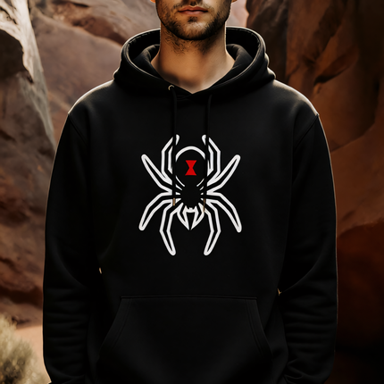Black hoodie featuring a striking white and red stylized spider graphic.