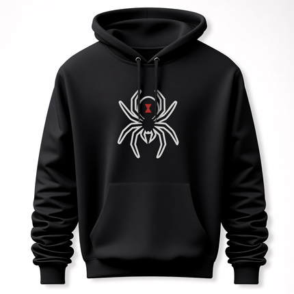 Black hoodie with a striking white and red black widow spider graphic.