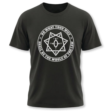 Black t-shirt featuring the Star of Babalon hexagram and the Thelema law text.