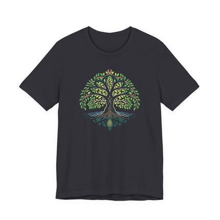 Symbolic Celtic Tree of Life graphic on a black t-shirt.