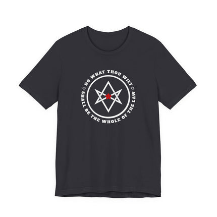 Black t-shirt featuring the "Do What Thou Wilt" hexagram occult symbol graphic.