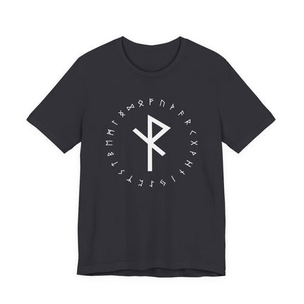 Norse runes t-shirt with Algiz protection rune and full Elder Futhark alphabet design.