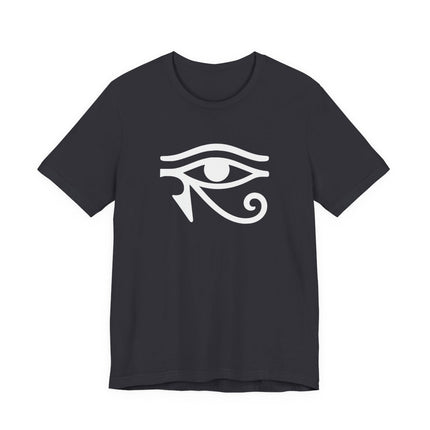 Eye of Horus Egyptian symbol graphic tee on a black t-shirt. Ancient protective symbol.