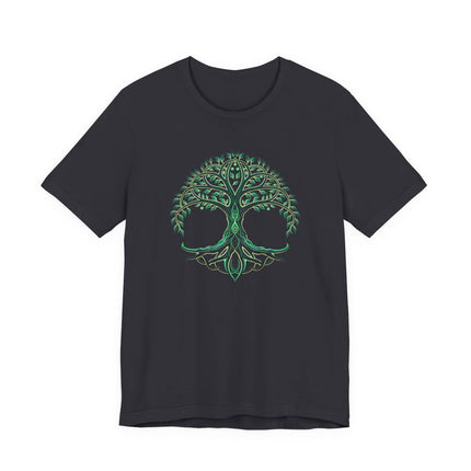 Celtic Tree of Life graphic on a black t-shirt.