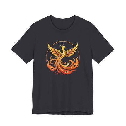 Fiery phoenix rising from flames graphic on a dark t-shirt.