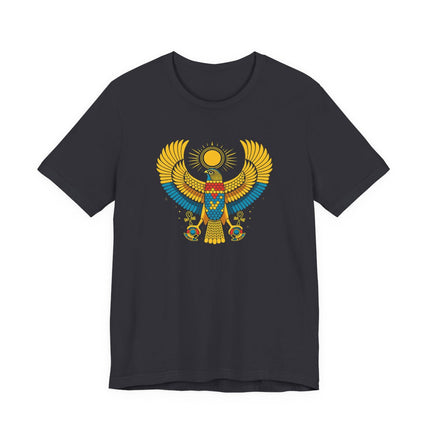 Ra falcon Egyptian Sun God graphic tee shirt design featuring ancient mythology.