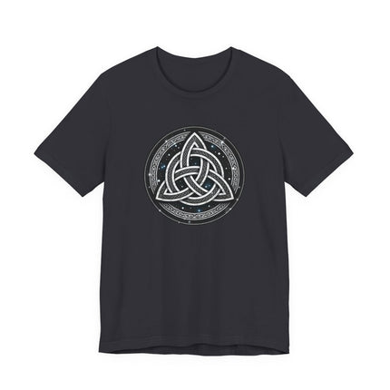 Dark t-shirt featuring a white Celtic Triquetra knotwork symbol design.