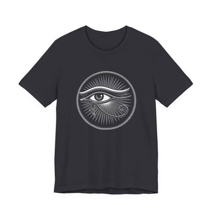 Eye of Horus Egyptian symbol graphic tee on a black t-shirt.