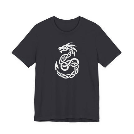 Celtic knotwork dragon graphic design on a black unisex t-shirt.