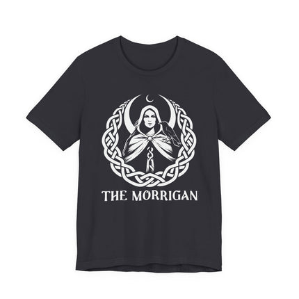 Celtic Morrigan Goddess t-shirt graphic featuring knotwork, moon, and mythological raven design.