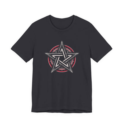 Dark t-shirt featuring a detailed pentagram pentacle occult symbol design.