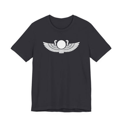 Winged sun disk graphic tee featuring Egyptian mythology symbolism.