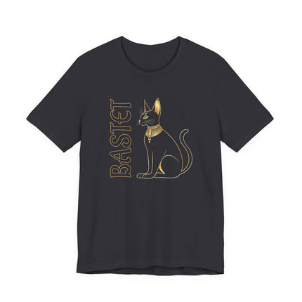 Gold Bastet Egyptian cat goddess graphic on a black t-shirt. Features the goddess and her name.