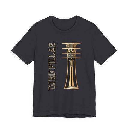 Golden Djed Pillar graphic on a dark t-shirt, featuring Ancient Egyptian symbolism.