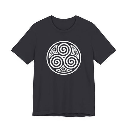 Black t-shirt featuring a white Celtic triskelion knotwork design with a triple spiral symbol.
