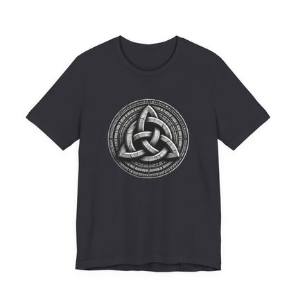 Celtic Triquetra knot graphic tee on a black unisex t-shirt.