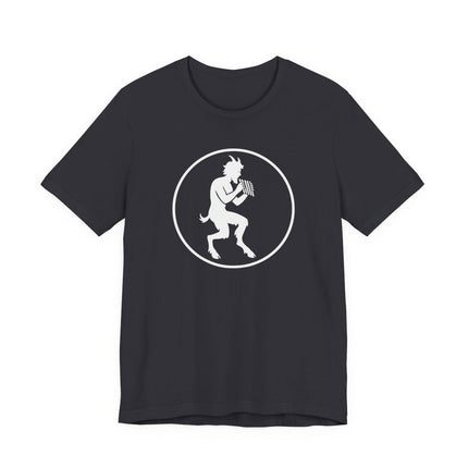 Greek Satyr Pan silhouette graphic tee featuring a flute playing Greek god.