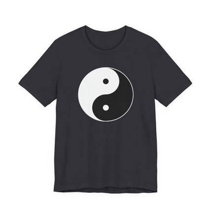 Black t-shirt featuring a white Yin Yang symbol of balance and harmony.