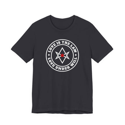 Love Is The Law hexagram occult symbol on a black graphic t-shirt.