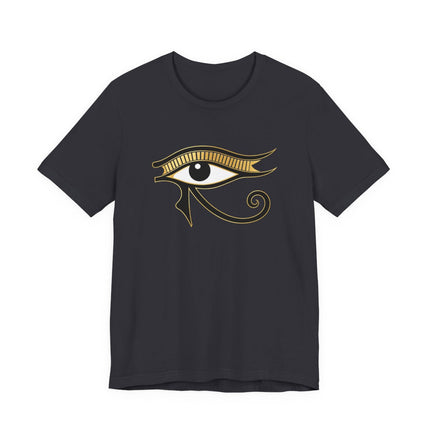 Gold Eye of Horus symbol graphic on a dark t-shirt, featuring ancient Egyptian mythology design.