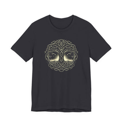Celtic Tree of Life knotwork graphic on a dark t-shirt. Features intricate Yggdrasil mythology design.