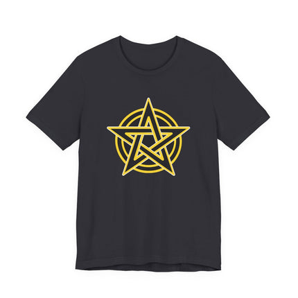 Black t-shirt featuring a yellow pentagram pentacle symbol graphic.
