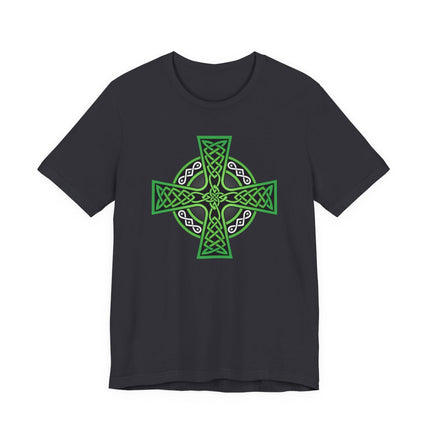 Green Celtic Cross knotwork graphic on a dark t-shirt featuring Irish knotwork art.