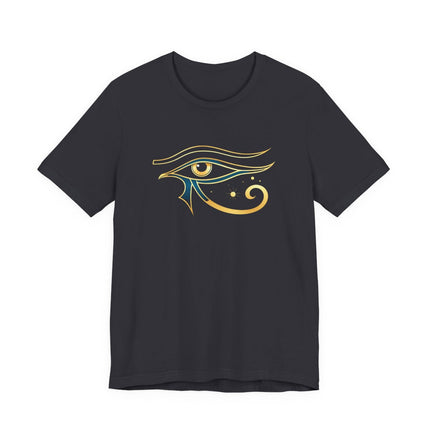 Gold Eye of Horus symbol graphic on a black t-shirt.