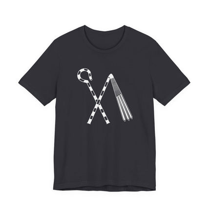 Ancient Egyptian crook and flail symbol graphic on a black t-shirt, representing pharaoh iconography.