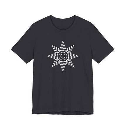 Geometric Ishtar star symbol on a black unisex t-shirt.