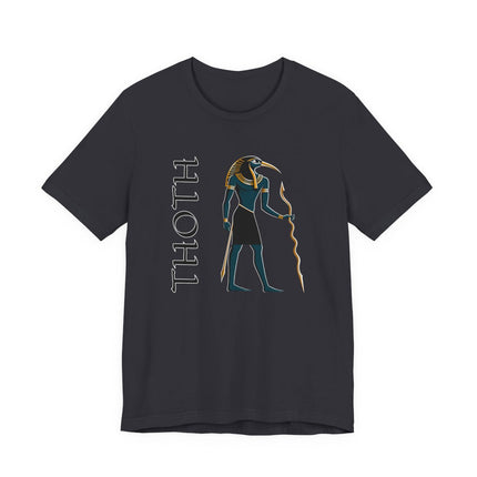 Thoth, the Egyptian god of wisdom, depicted in a graphic print on a dark t-shirt.